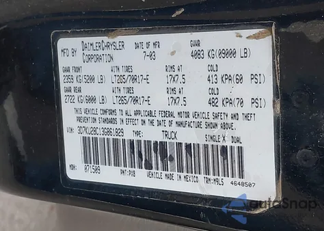 2003 Dodge Ram 2500 Slt/Laramie/St z USA, uszkodzony, nr VIN 3D7KU28C13G861829